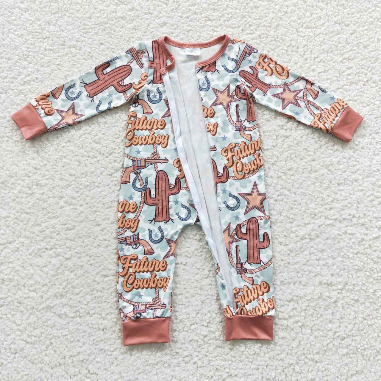 LR0307 Baby Girl Western Cactus Long Sleeves Zipper Romper
