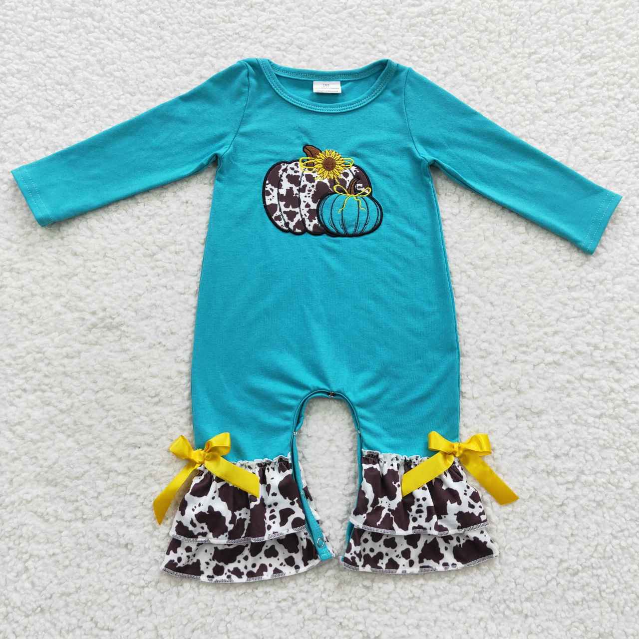 LR0354 Baby Girl Long Sleeves One Piece Cow Print Embroidery Pumpkin Halloween Romper