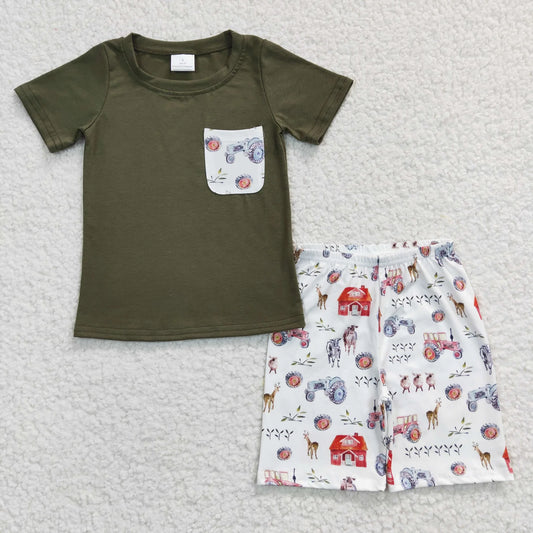 Promotion Baby Boy Farm Green Short Sleeves Pocket Shirt Cow Tractor Shorts Summer Outfit