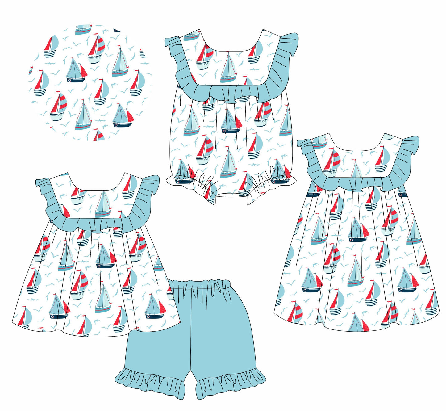 Baby Girl Boats Blue Ruffle Sibling Romper Dress Set ( Moq 5 Each Style ) 2.13