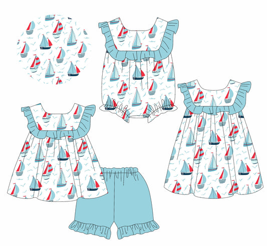 Baby Girl Boats Blue Ruffle Sibling Romper Dress Set ( Moq 5 Each Style ) 2.13