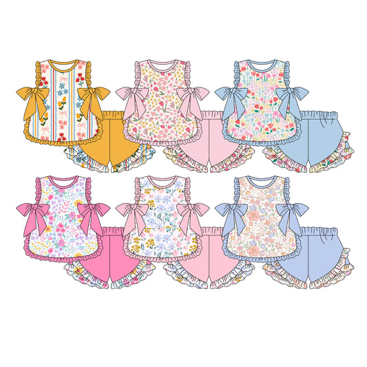 ( Moq 5 Each Style ) Sibling Baby Girls Kids Sleeveless Bows Flower Shirts Shorts Summer Sets