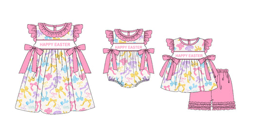 Baby Girl Happy Easter Bows Sibling Romper Dress Clothes Set ( Moq 5 Each Design )11.20
