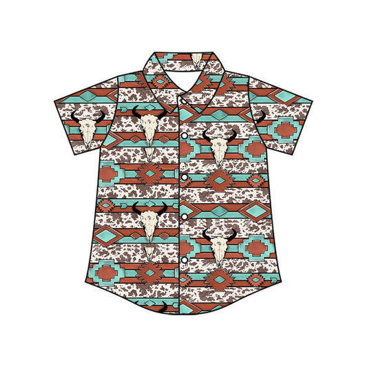 ( Moq 5 ) Baby Boy Short Sleeves Aztec Bull Skull Cow Button Shirts Tops