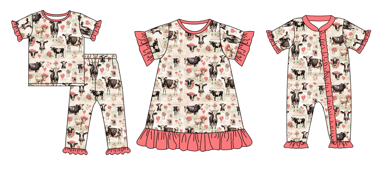 Baby Girl Short Sleeves Valentines Cow Hearts Sibling Romper Dress Clothes Set ( Moq 5 Each Design )11.27
