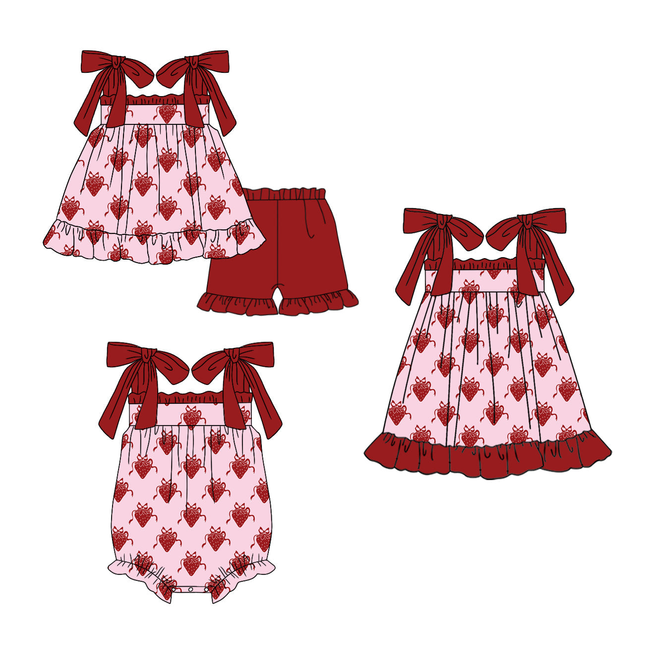 Baby Girl Straps Strawberry Bows Sibling Romper Dress Set ( Moq 5 Each Style ) 2.12