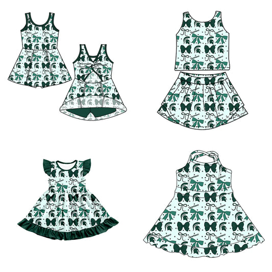 ( Moq 5 each style ) Baby Girl Toddler Team Green Bows Sibling Dress Set 6.26