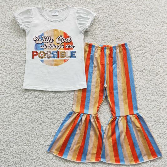 GSPO0684 Baby Kids Short Sleeves Possible Striped Bell Pants Outfit