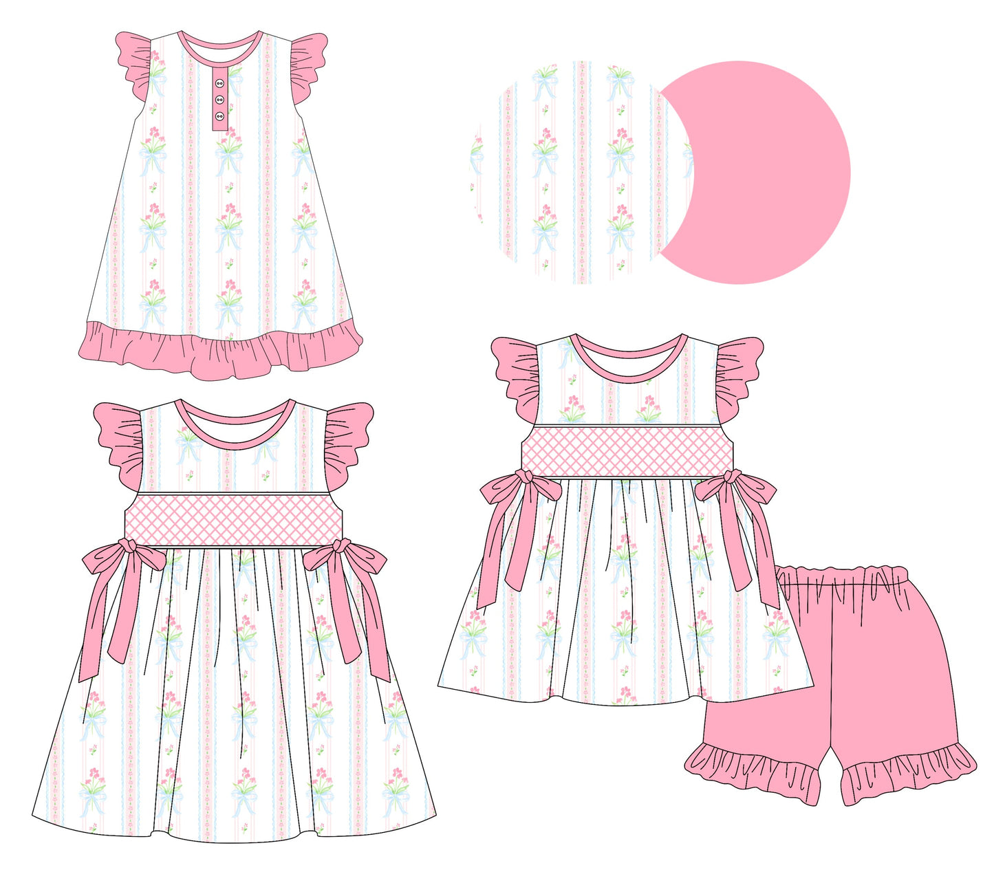 Baby Girl Short Sleeves Floral Bows Sibling Romper Dress Set ( Moq 5 Each Style ) 3.11