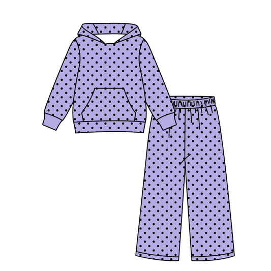( Moq 5 ) Custom Baby Girls Kids Black Dots Hoodie Pullover Pants Lavender Set Clothes