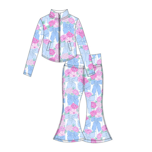 ( Moq 10 ) Baby Girl Bows Flowers Long Sleeves Pockets Zipper Tops Bell Bottom Pant Activity Wear Yoga Set