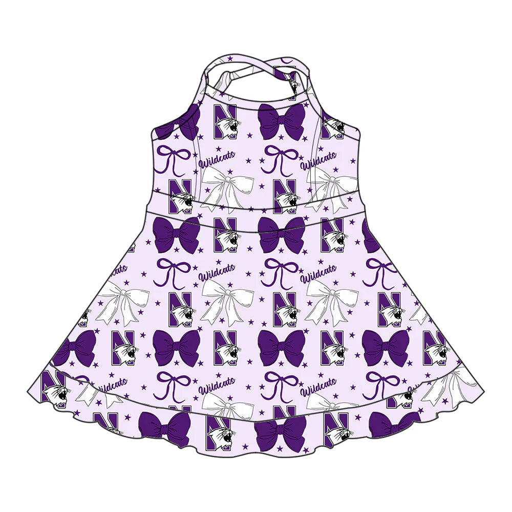 ( Moq 5 each style ) Baby Girl Toddler Cats Team Purple Bows Sibling Dress Set 6.27