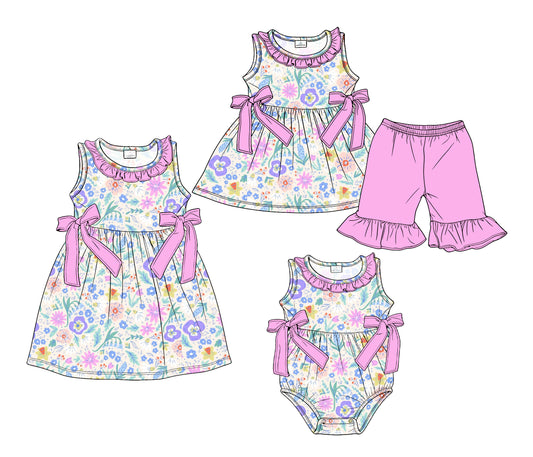 ( Moq 5 Each Style ) Sibling Baby Girls Kids Flower Bows Romper Dress Set Summer Clothes
