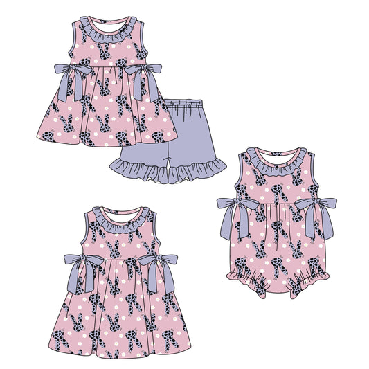 ( Moq 5 Each Style ) Baby Girls Kids Bows Cow Print Rabbits Sibling Easter Romper Dress Set