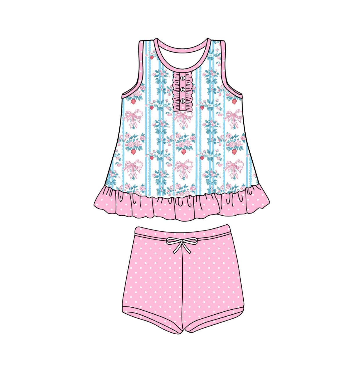 Baby Girl Strawberry Flower Bows Ruffle Tunic Pink Shorts Set ( Moq 5 ) 3.12