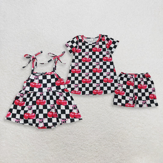 Sibling Baby Girls Kids Cherry Black Checked Romper Set Summer Clothes RTS