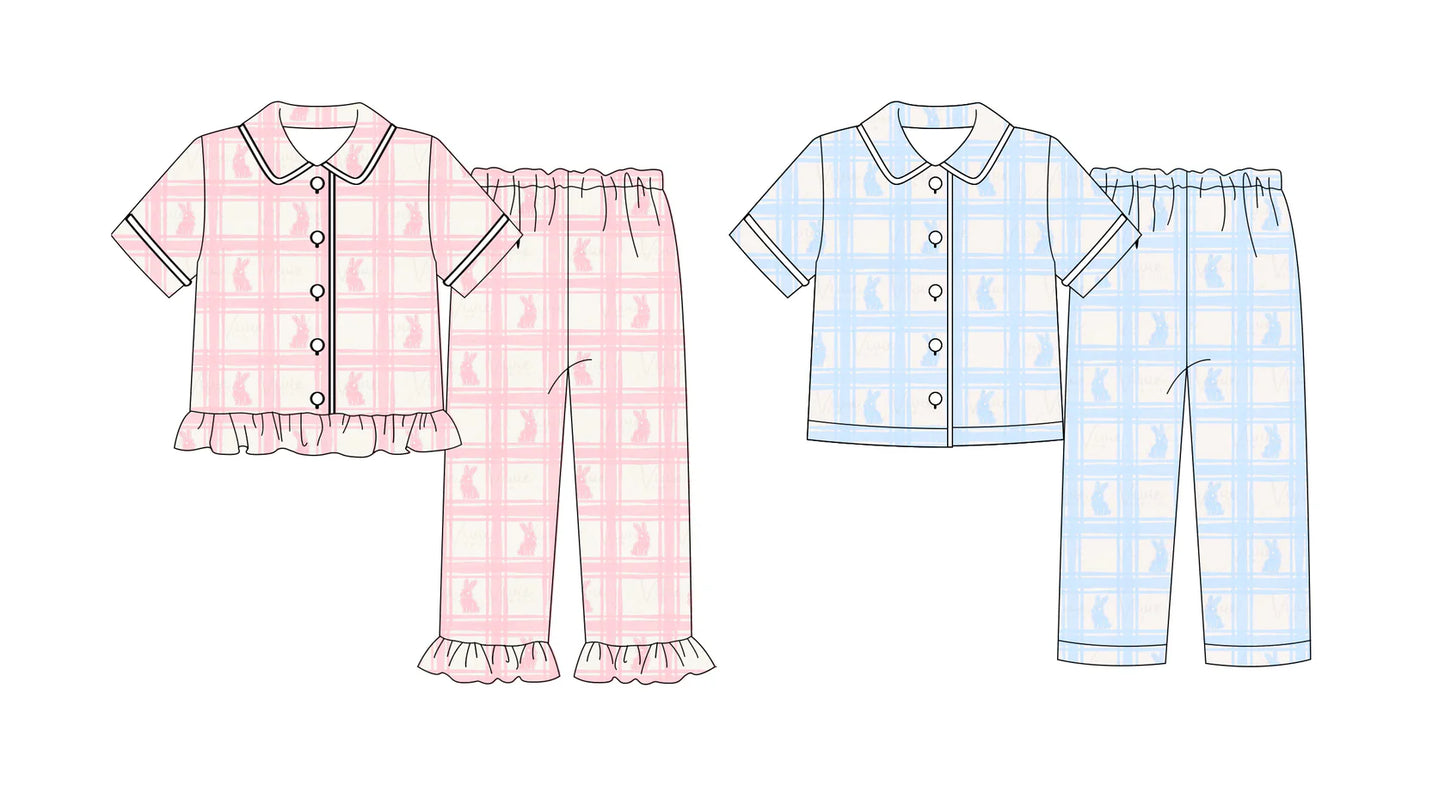 ( Moq 5 Each Style ) Baby Boys Girls Short Sleeves Rabbits Plaid Buttons Shirt Pants Sibling Easter Pajamas Sets