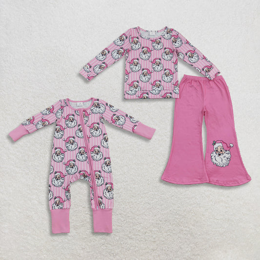Sibling Baby Girls Kids Long Sleeves Santa Stripes Romper Set Christmas Pink Clothes RTS