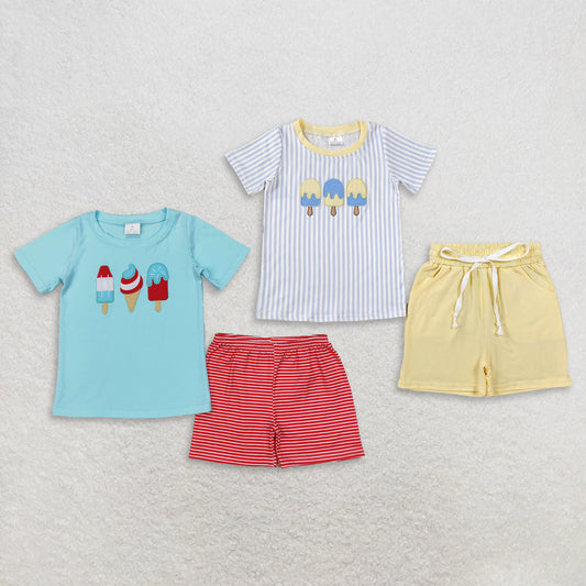 Sibling Baby Boys Short Sleeves Embroidery Popsicle Stripes Shirts Shorts Sets Clothes RTS