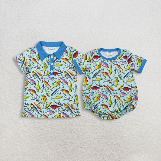 Sibling Baby Boys Kids Short Sleeves Fishing Shirt Romper Summer Clothes RTS