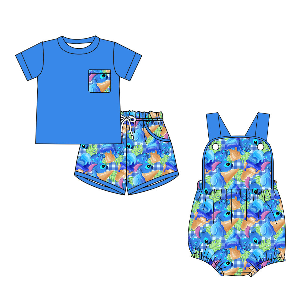 ( Moq 5 Each Style ) Sibling Baby Boys Kids Blue Shirt Pockets Shorts Cartoon Set Romper