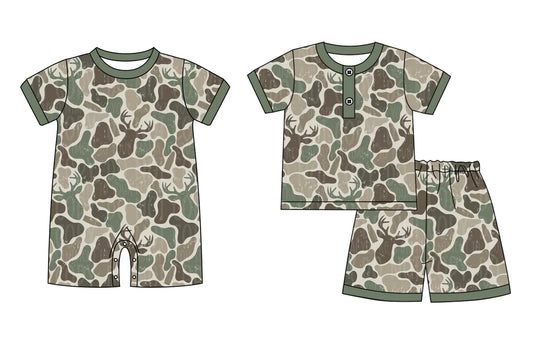 ( Moq 5 Each Style ) Sibling Baby Boys Kids Deer Green Camo Print Hunting Romper Set