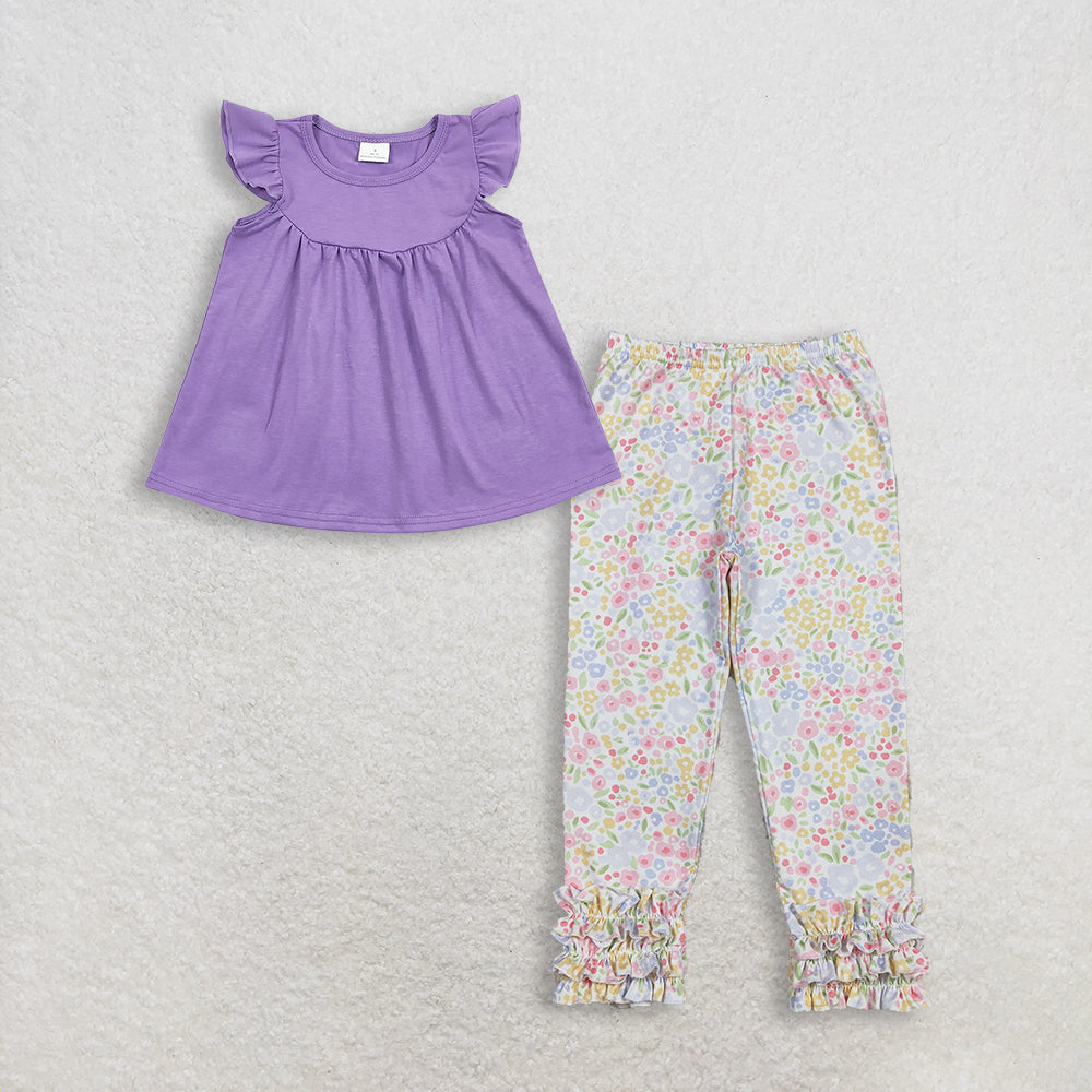 Baby Girl Kids Short Sleeves Cotton Purple Tops Floral Ruffle Pants Set Clothes RTS