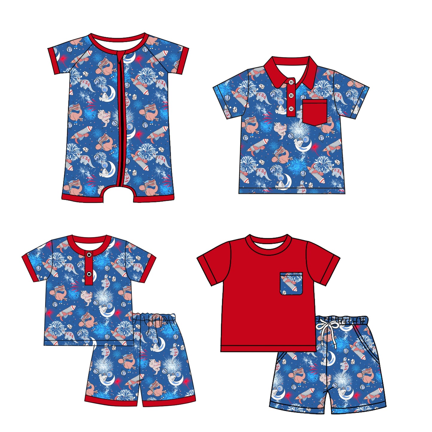 ( Moq 5 Each Style ) Baby Boy Short Sleeves 4th Of July Sibling Romper Shirt Set 3.26