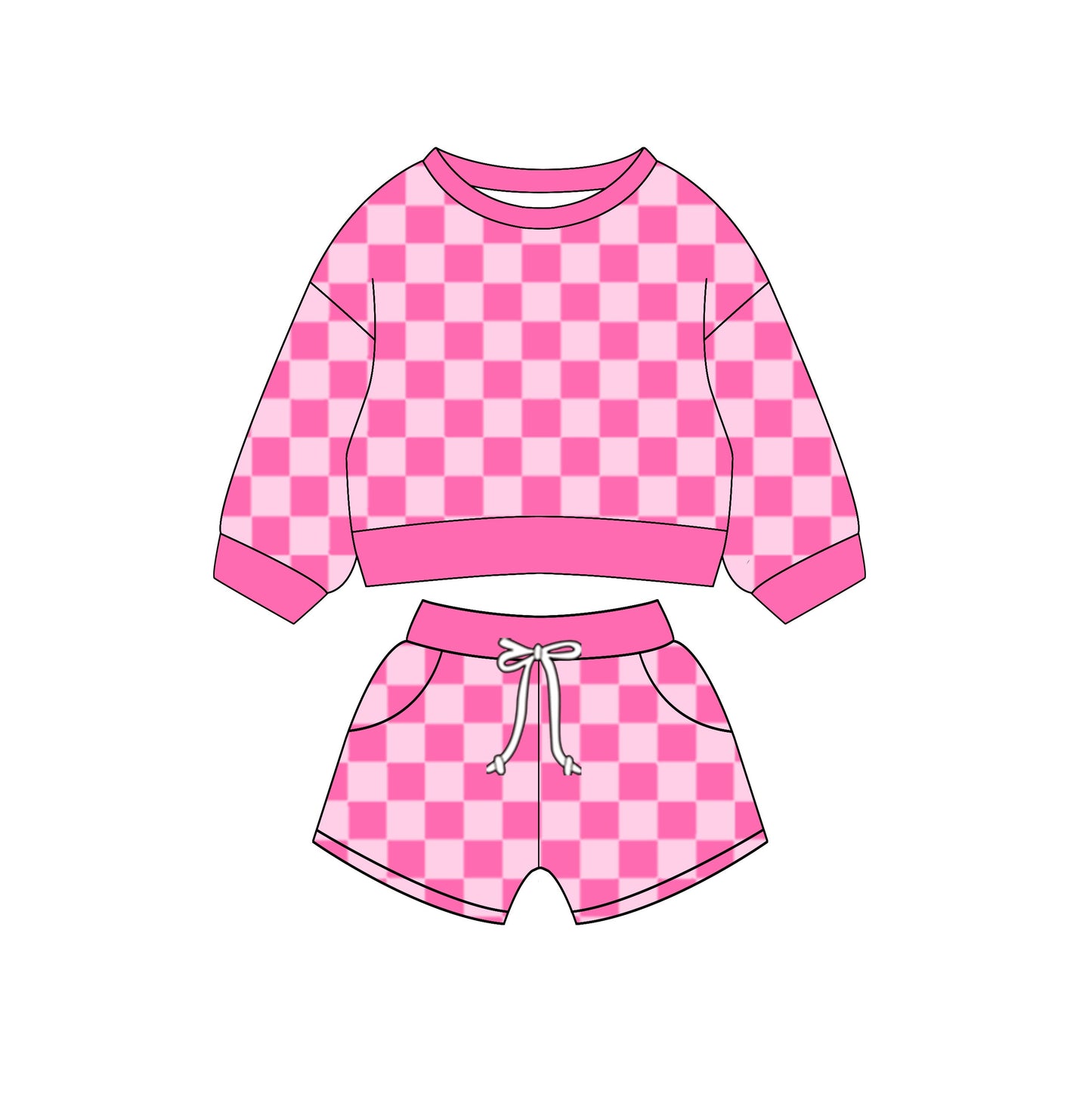 Baby Girl Toddler Long Sleeves Pink Checkered Shirt Pocket Shorts Set Moq 5
