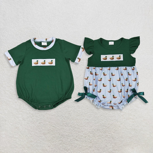 Sibling Baby Boys Girls Infant Short Sleeves Embroidery Ducks Green Bubble Rompers RTS