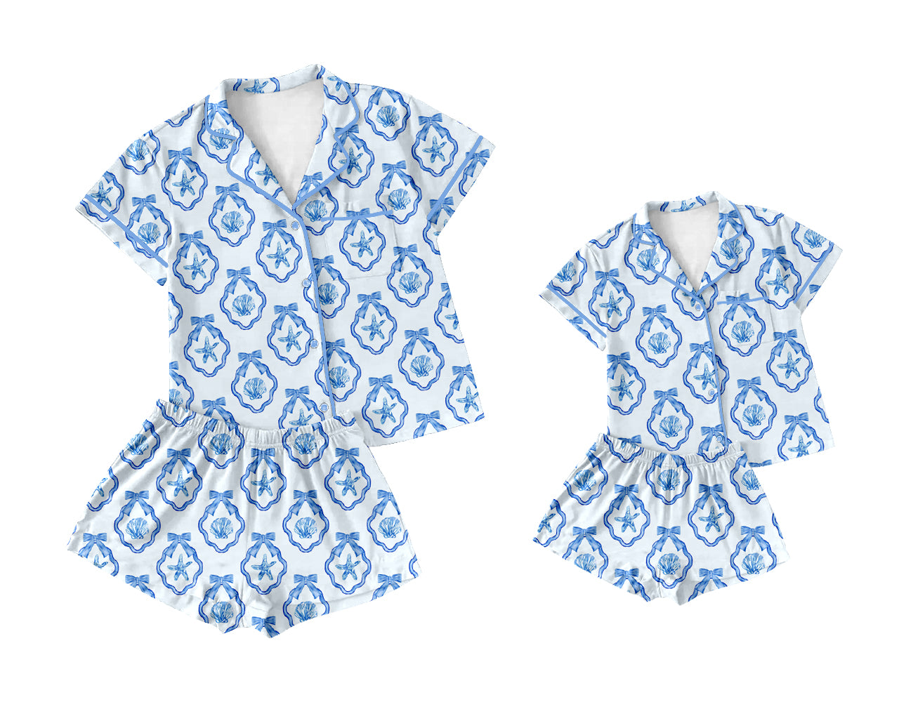 Baby Girl Adult Women Starfish Blue Bows Sibling Pajamas Set ( Moq 5 Each Style ) 2.15