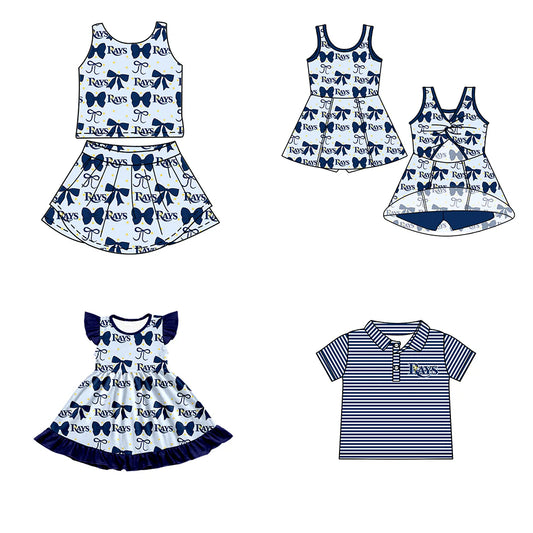 ( Moq 5 each style ) Baby Boy Girl Toddler Team Blue Bows Sibling Shirt Dress Set 6.21