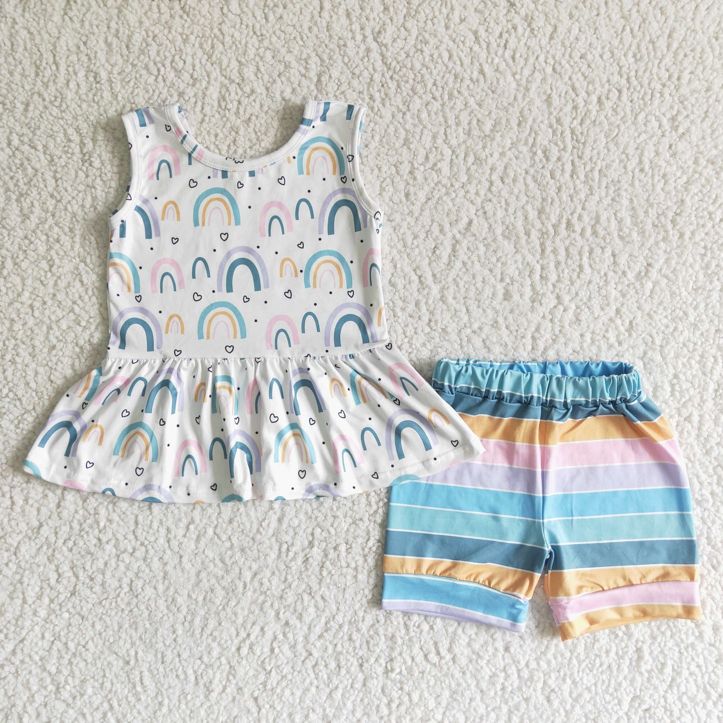Promotion Baby Girl Sleeveless Rainbow Summer Striped Shorts Outfit