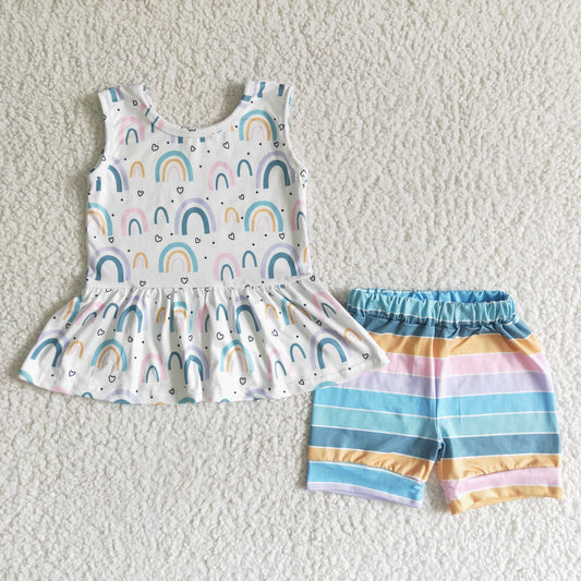 Promotion Baby Girl Sleeveless Rainbow Summer Striped Shorts Outfit