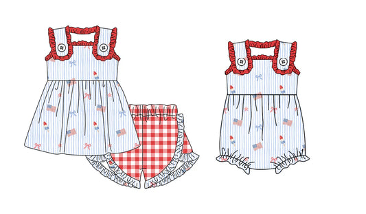 ( Moq 5 Each Style ) Sibling Baby Girls Kids Sleeveless Flags Bows Stripes 4th of July Set Bubble Romper