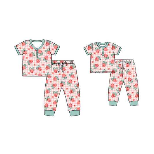 Baby Kids Toddler Toddler Adult Long Sleeves Strawberry Hearts Pants Sibling Family Pajamas Set ( Moq 5 Each Style ) 12.3
