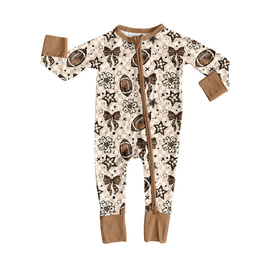 ( Moq 5 ) Preorder Baby Girl Long Sleeves Flower Bows Football Zipper Pajamas Romper
