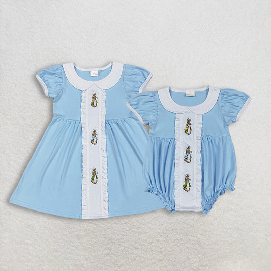 Sibling Baby Girls Short Sleeves Embroidery Rabbits Easter Ruffle Blue Bubble Romper Dress RTS