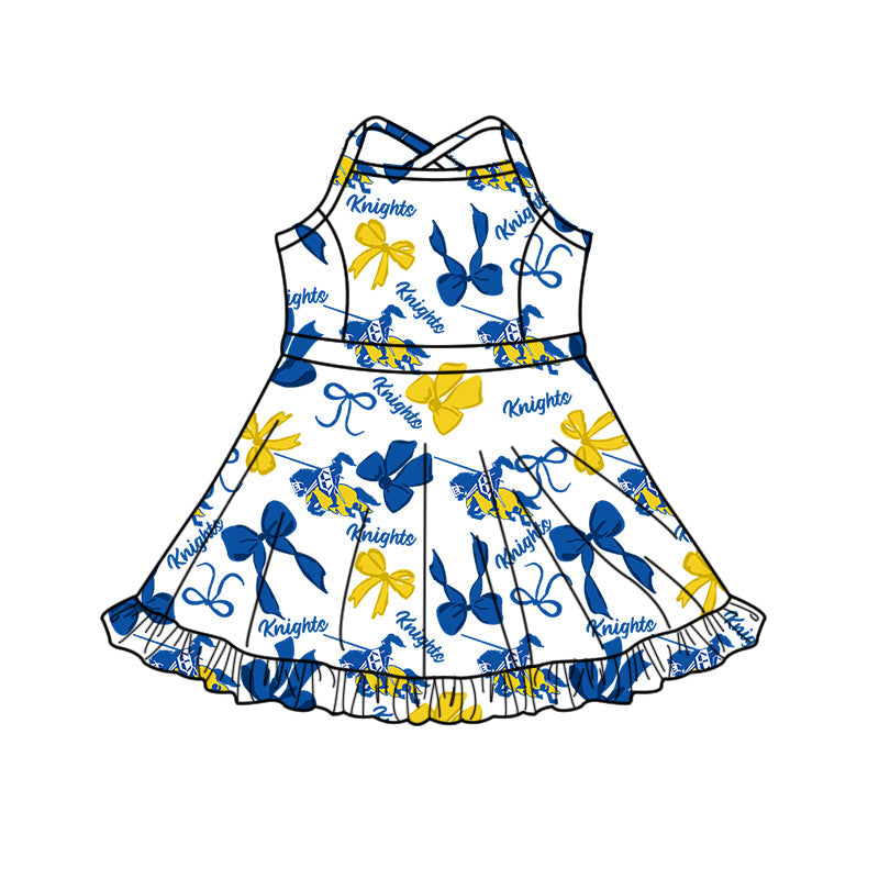 ( Moq 5 each style ) Baby Boys Girls Team Cheer Sibling Blue Drips Shirt Bows Dress Set 8.14