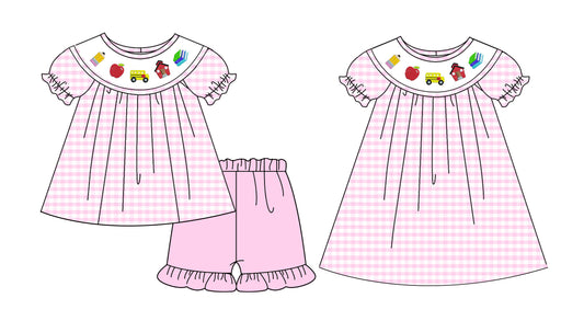 ( Moq 5 Each Style ) Baby Girls Kids Short Sleeves Sibling Back to School Pink Plaid Dress Set