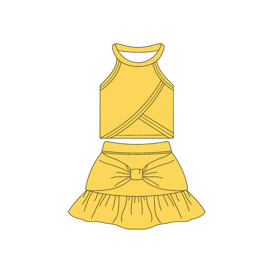 ( Moq 10 ) Baby Girl Yellow Sleeveless Vest Bow Ruffle Shorts Skirts Activity Wear Yoga Set