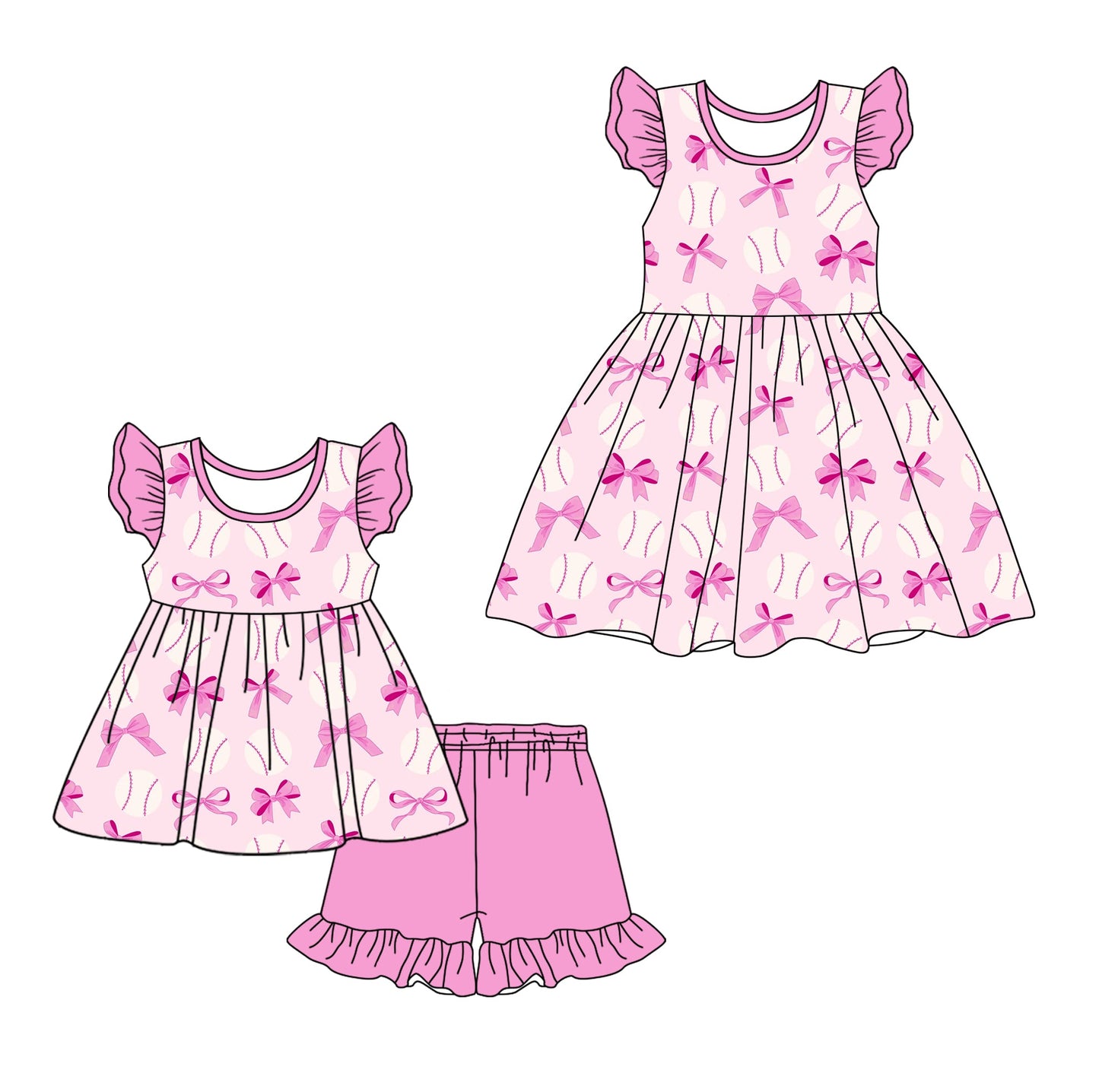 Baby Girl Short Sleeves Bows Baseball Sibling Dress Clothes Set ( Moq 5 Each Design ) 12.7