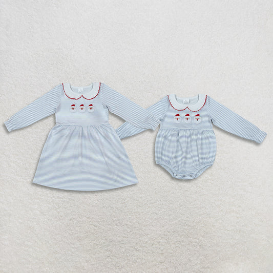 Sibling Baby Girls Kids Embroidery Santa Blue Stripes Christmas Romper Dress Clothes RTS