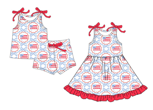 ( Moq 5 Each Style ) Baby Girl 4th Of July Bows Flags Sibling Dress Set 4.16