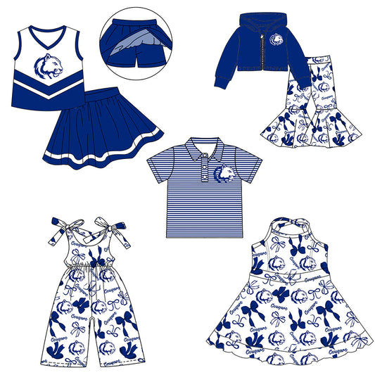( Moq 5 each style ) Baby Boy Girl Team Cheer Sibling Shirt Blue Bows Jumpsuit Dress Set 7.29