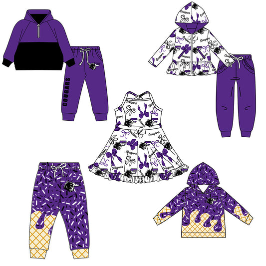 ( Moq 5 each style ) Baby Boy Girl Team Sibling Shirt Purple Bows Cheer Dress Set 8.16