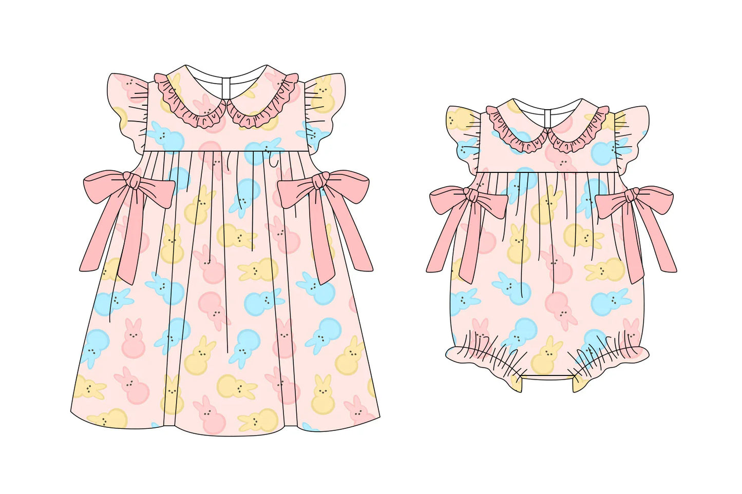 ( Moq 5 Each Style ) Baby Girls Rabbits Bows Sibling Easter Romper Dress