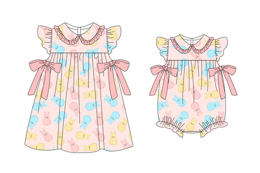 ( Moq 5 Each Style ) Baby Girls Rabbits Bows Sibling Easter Romper Dress