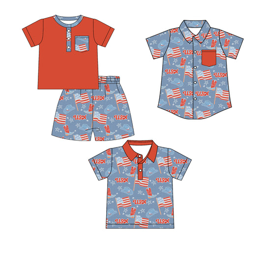 ( Moq 5 Each Style ) Baby Boys Kids Flags Boots Short Sleeves Sibling 4th of July Shirts Set