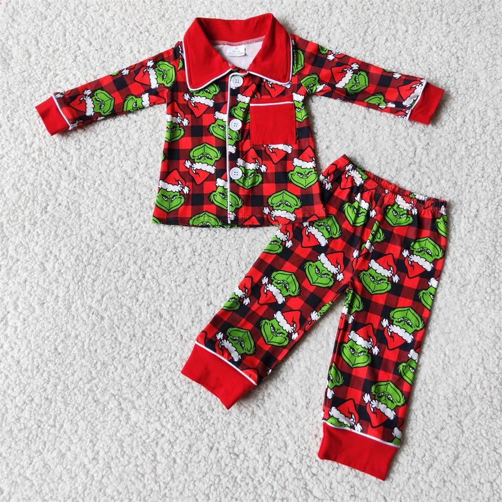 6 B1-25 Christmas Face Baby Boy Long Sleeves Button Up Cardigan Pants Outfit Pajamas